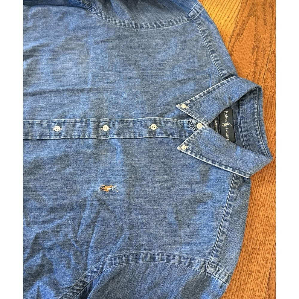 Ralph Lauren Mens Large Denim Shirt Blue Long Sleeve Classic Fit Flesh Pony Logo